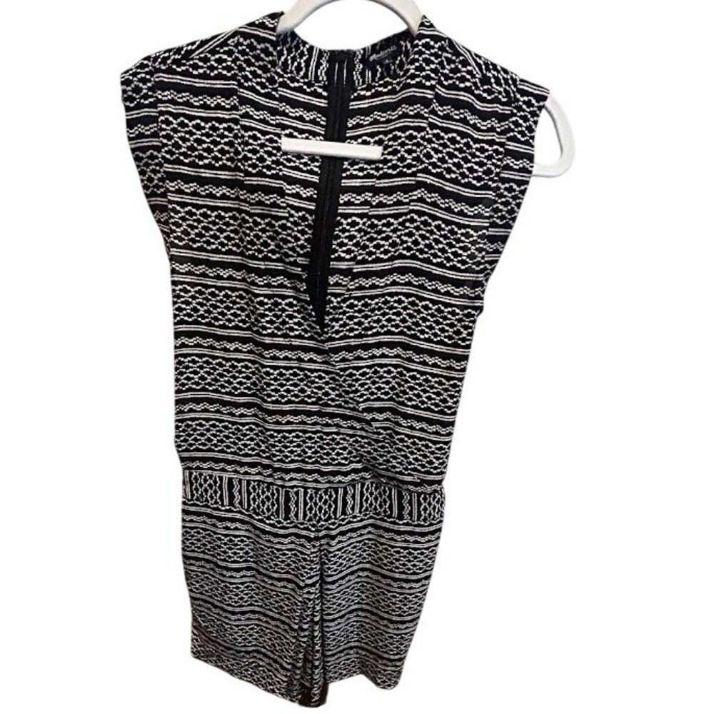 Madewell 100% Silk Geometric Ikat Print Romper Black White Sleeveless Small‎